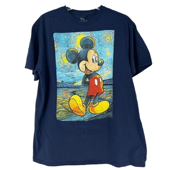 Disney Mickey Mouse Starry Night T Shirt Size L Van Gogh Blue Art Short Sleeve - Picture 1 of 7